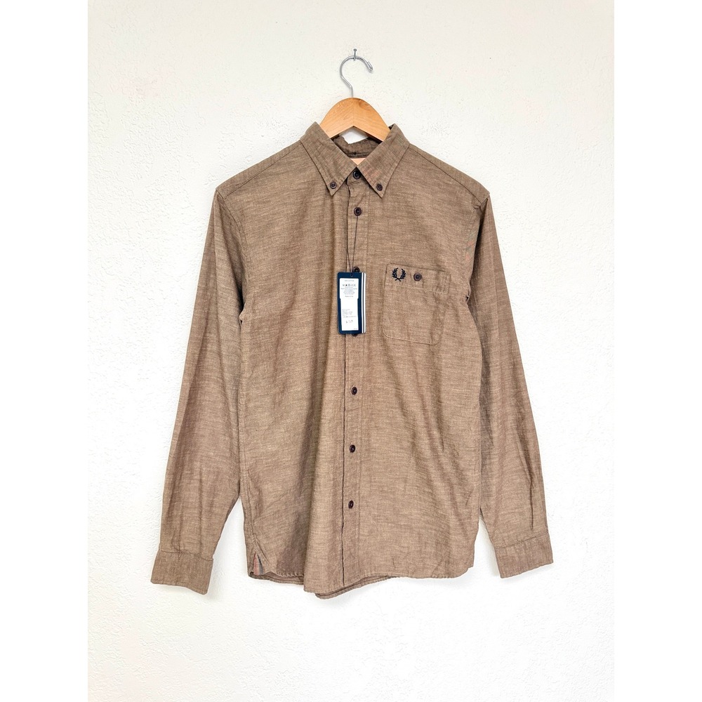 Fred Perry Mens Tinted Chambray Long Sleeve Button Down Shirt Brown Small NWT